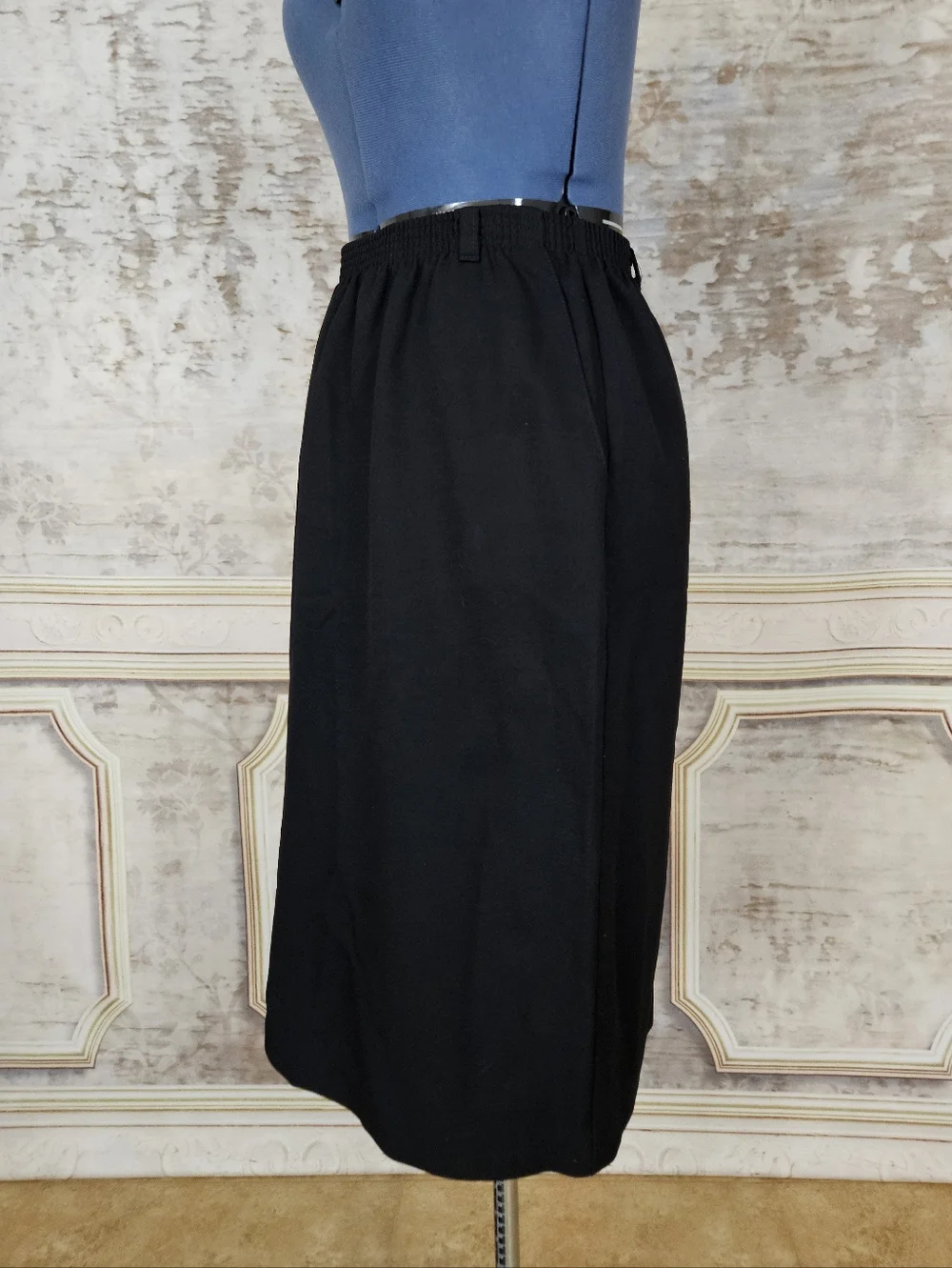 Vintage Black Pencil Skirt S M 90s Office Secretary Elastic Waist Pockets 9-5